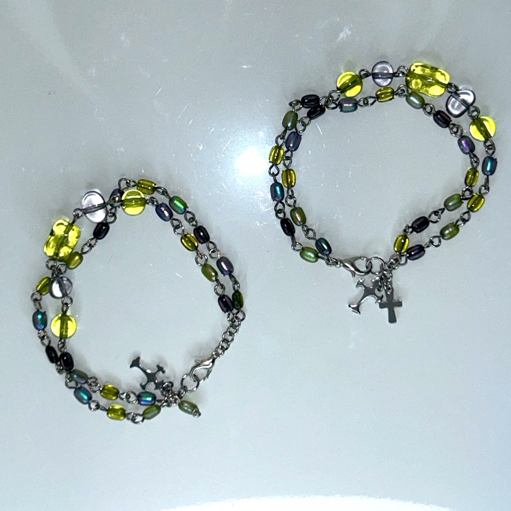 Hand Made Set of 2 Double Strand Beaded Cross Dangle Friendship Bracelets Boho
